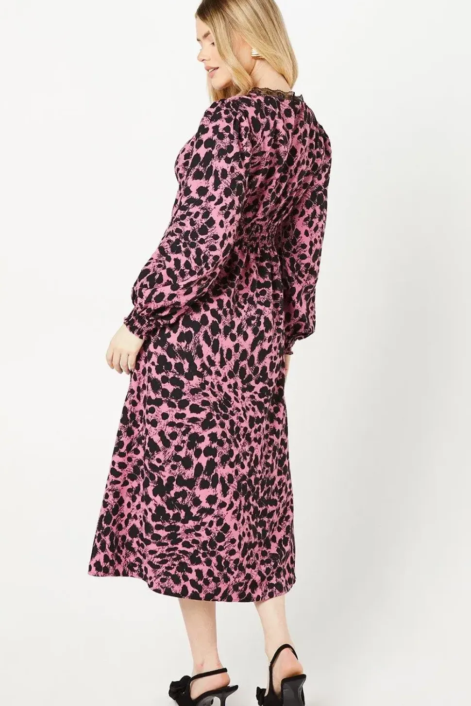 Pink Abstract Lace Trim Midi Dress