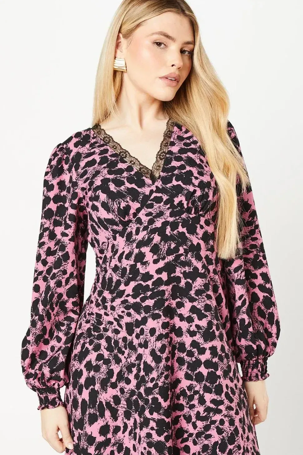 Pink Abstract Lace Trim Midi Dress