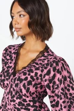 Pink Abstract Lace Trim V Neck Blouse