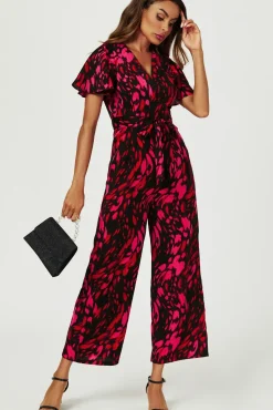 Pink Abstract Print Wrap Top Jumpsuit In Black