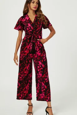 Pink Abstract Print Wrap Top Jumpsuit In Black