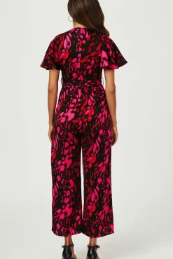 Pink Abstract Print Wrap Top Jumpsuit In Black