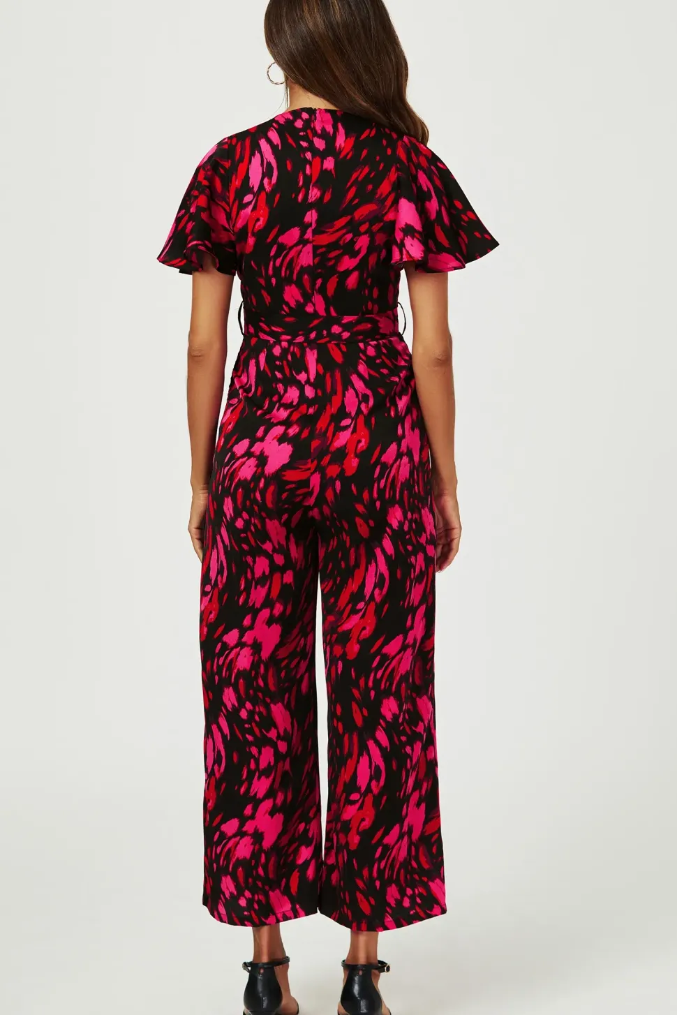 Pink Abstract Print Wrap Top Jumpsuit In Black