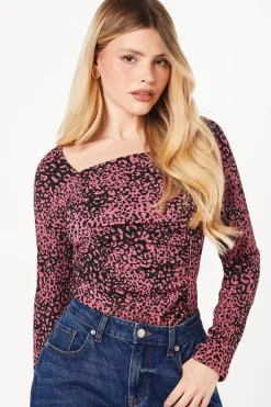 Pink Animal Ruched Front Long Sleeve Top