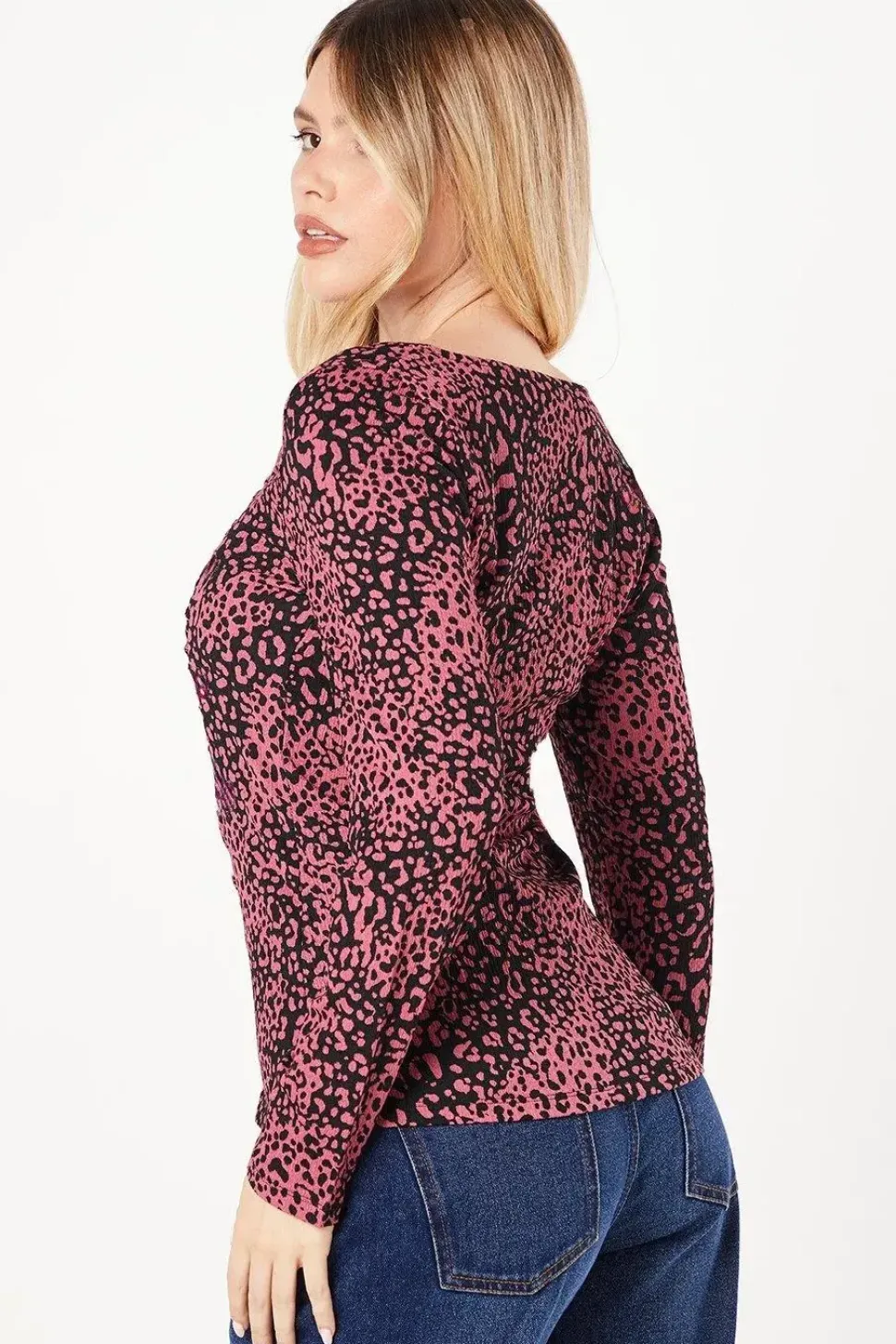 Pink Animal Ruched Front Long Sleeve Top