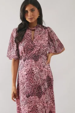 Pink Animal Twist Neck Midi Dress