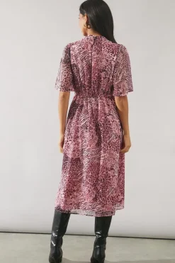 Pink Animal Twist Neck Midi Dress