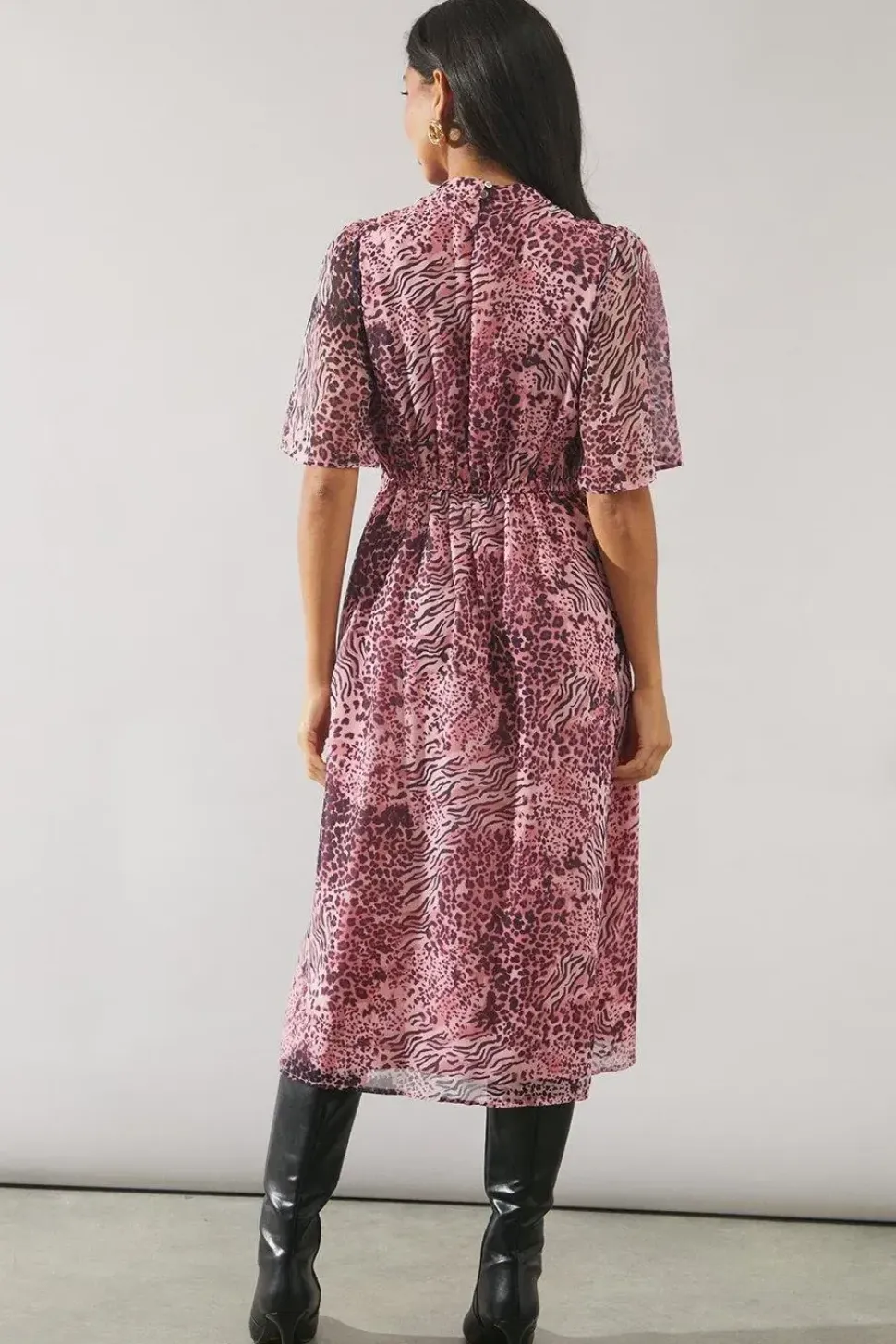 Pink Animal Twist Neck Midi Dress