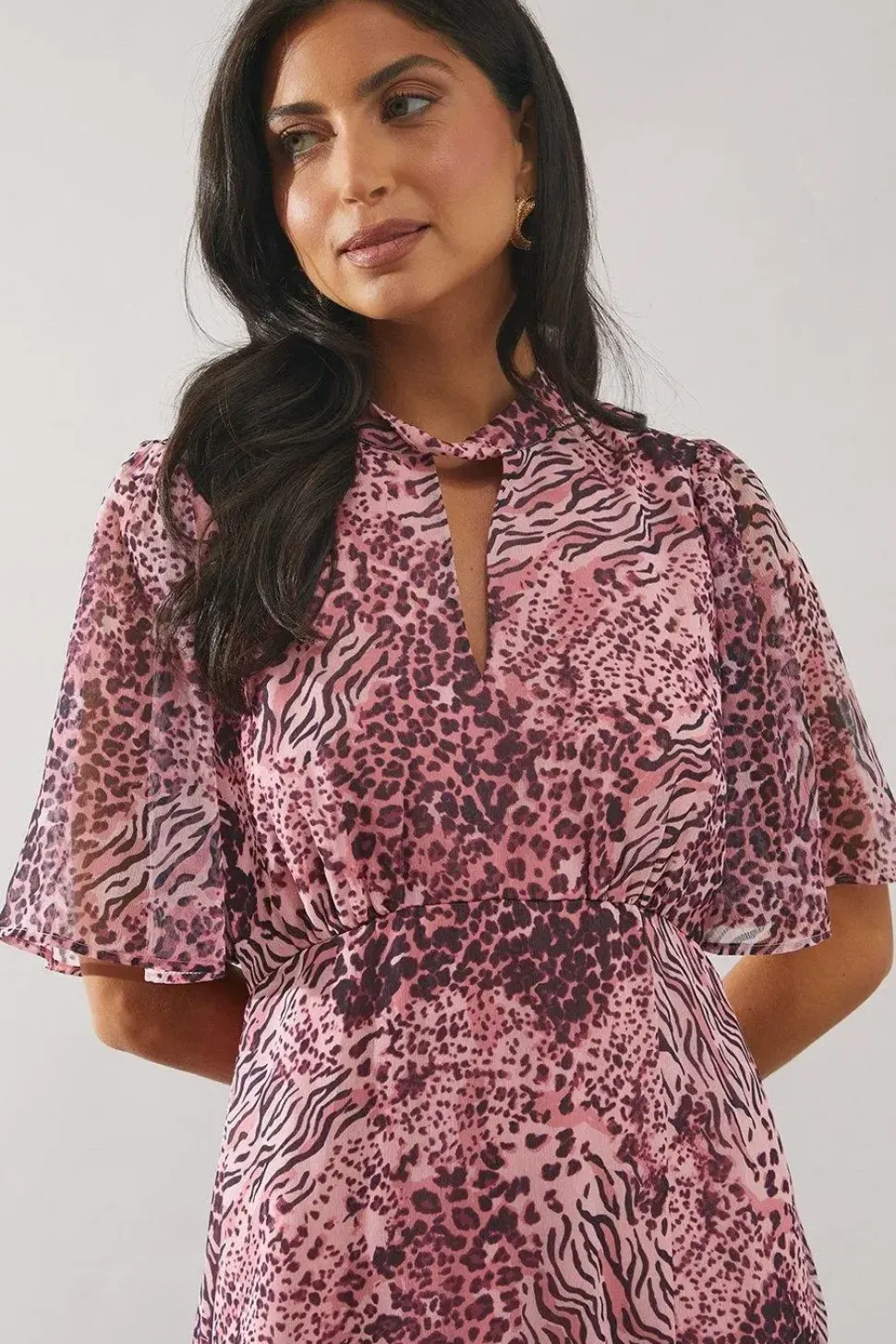 Pink Animal Twist Neck Midi Dress