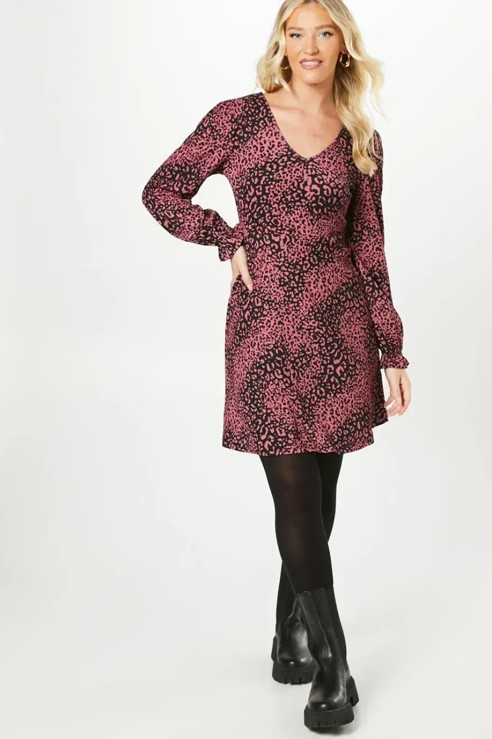 Pink Animal V Neck Mini Dress