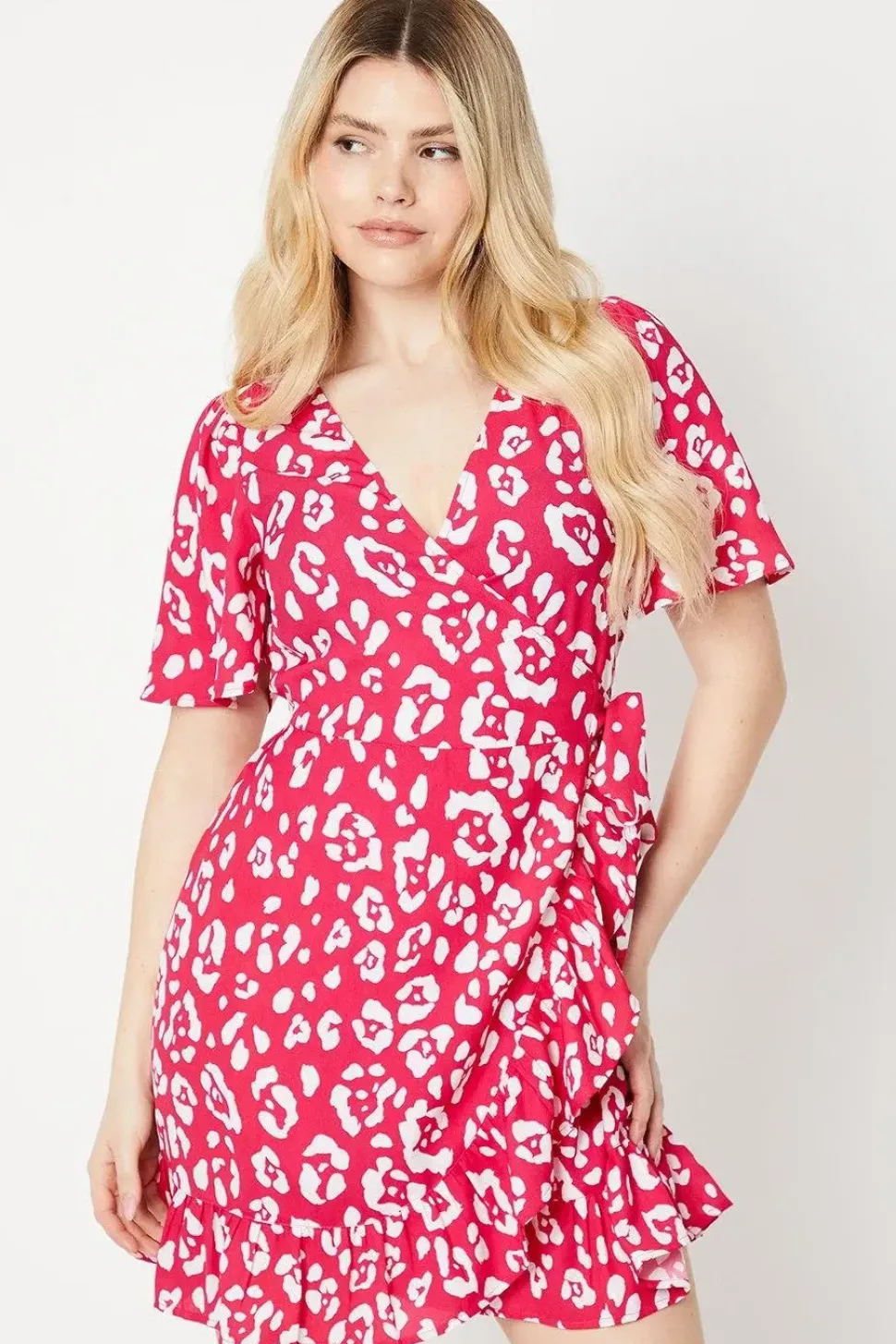Pink Animal Wrap Tie Side Ruffle Hem Mini Dress