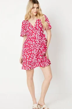 Pink Animal Wrap Tie Side Ruffle Hem Mini Dress