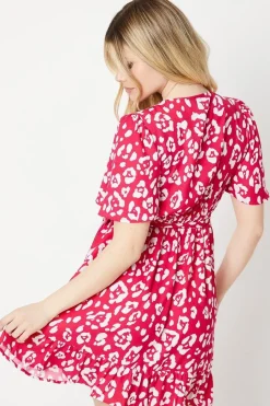 Pink Animal Wrap Tie Side Ruffle Hem Mini Dress