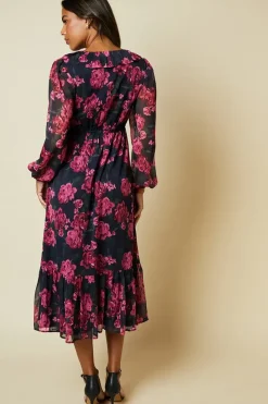 Pink Blurred Floral Chiffon Ruffle Neck Long Sleeve Midi Dress