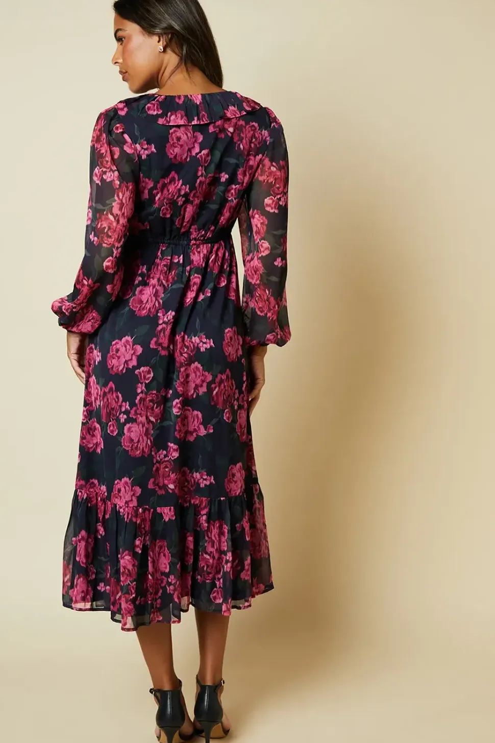 Pink Blurred Floral Chiffon Ruffle Neck Long Sleeve Midi Dress