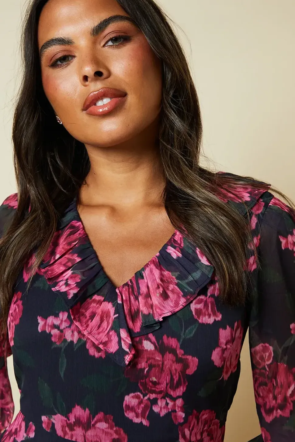 Pink Blurred Floral Chiffon Ruffle Neck Long Sleeve Midi Dress