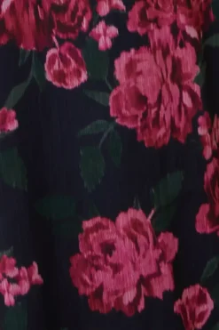 Pink Blurred Floral Chiffon Ruffle Neck Long Sleeve Midi Dress