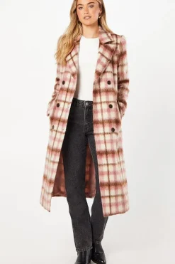 Pink Check Wool Look Midi Coat