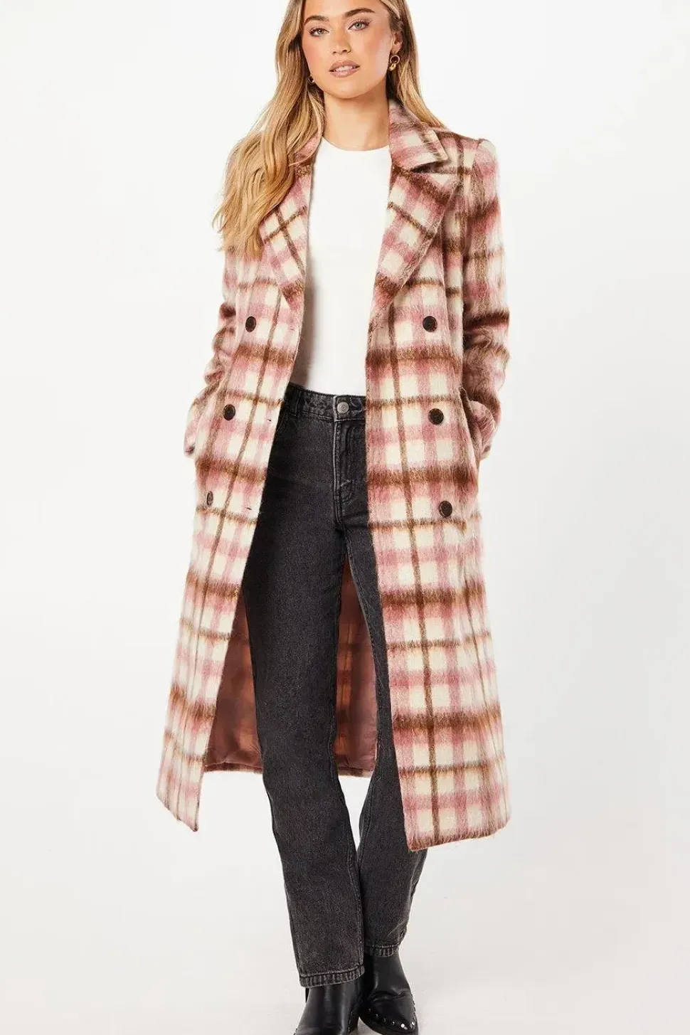 Pink Check Wool Look Midi Coat