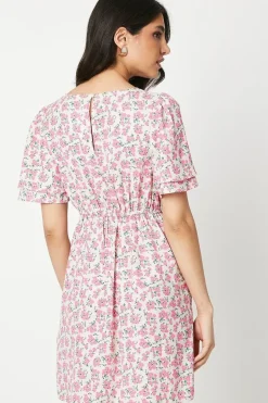 Pink Ditsy Angel Sleeve Empire Seam Mini Dress