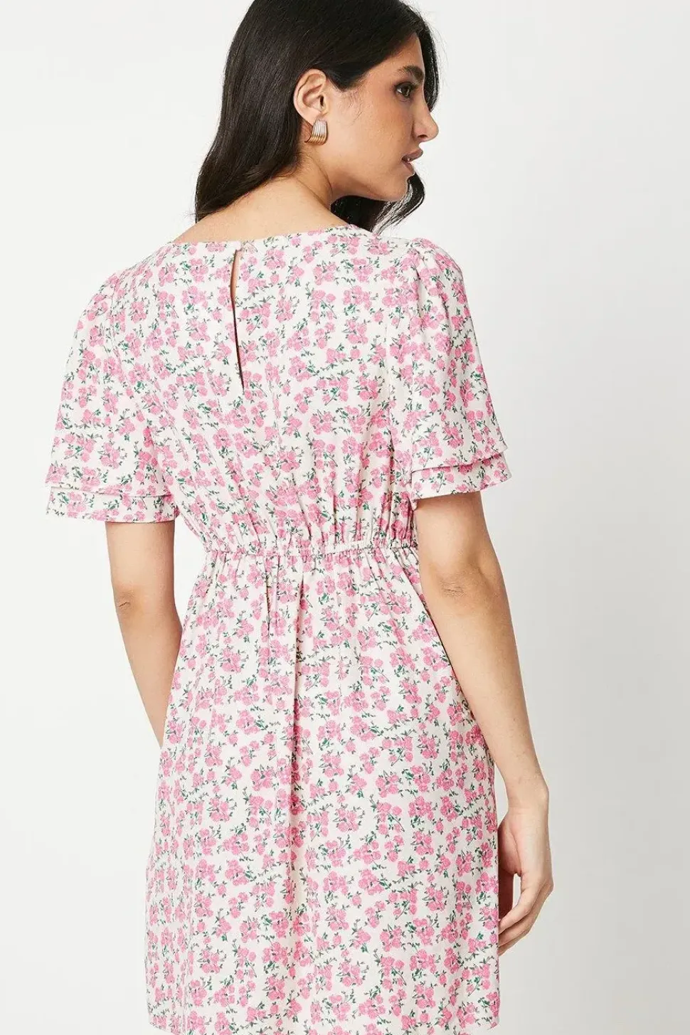 Pink Ditsy Angel Sleeve Empire Seam Mini Dress