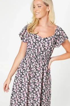Pink Ditsy Angel Sleeve Midi Dress