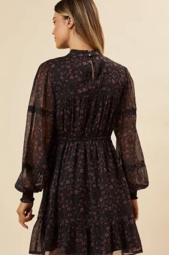 Pink Ditsy Chiffon Pleated Yoke Mini Dress
