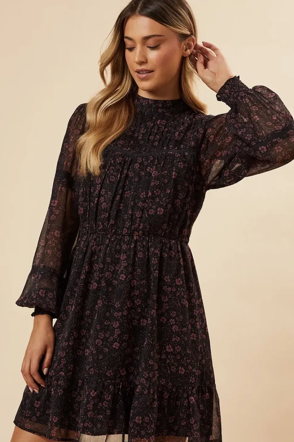 Pink Ditsy Chiffon Pleated Yoke Mini Dress