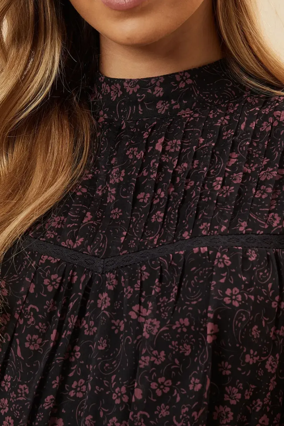 Pink Ditsy Chiffon Pleated Yoke Mini Dress