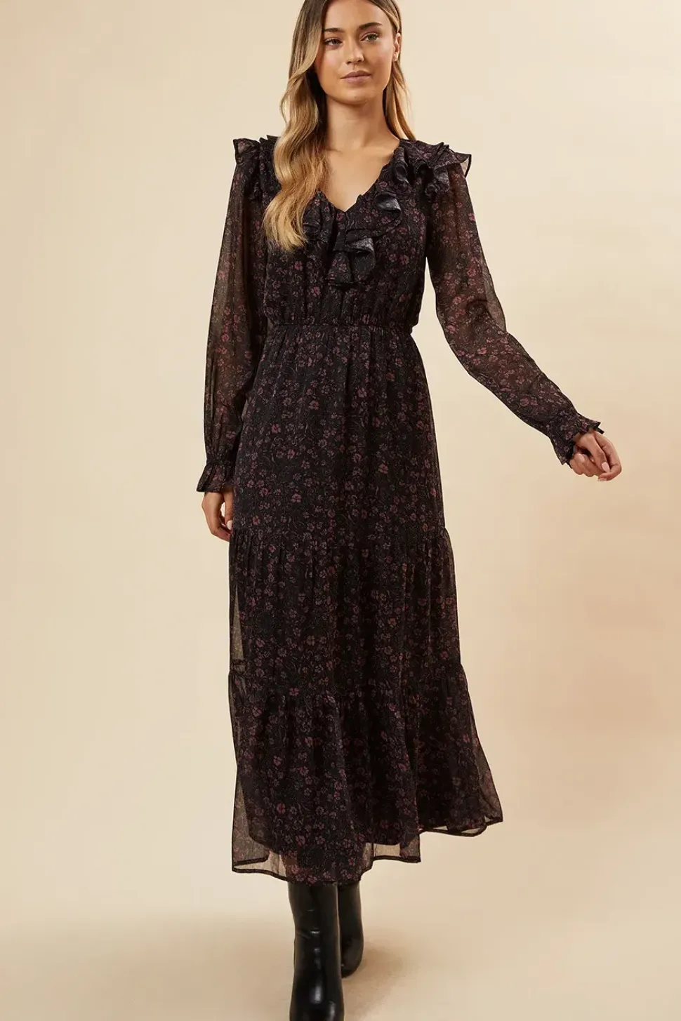 Pink Ditsy Chiffon Ruffle Midaxi Dress