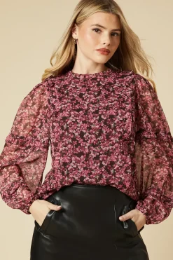 pink ditsy floral chiffon ruffle body and sleeve blouse