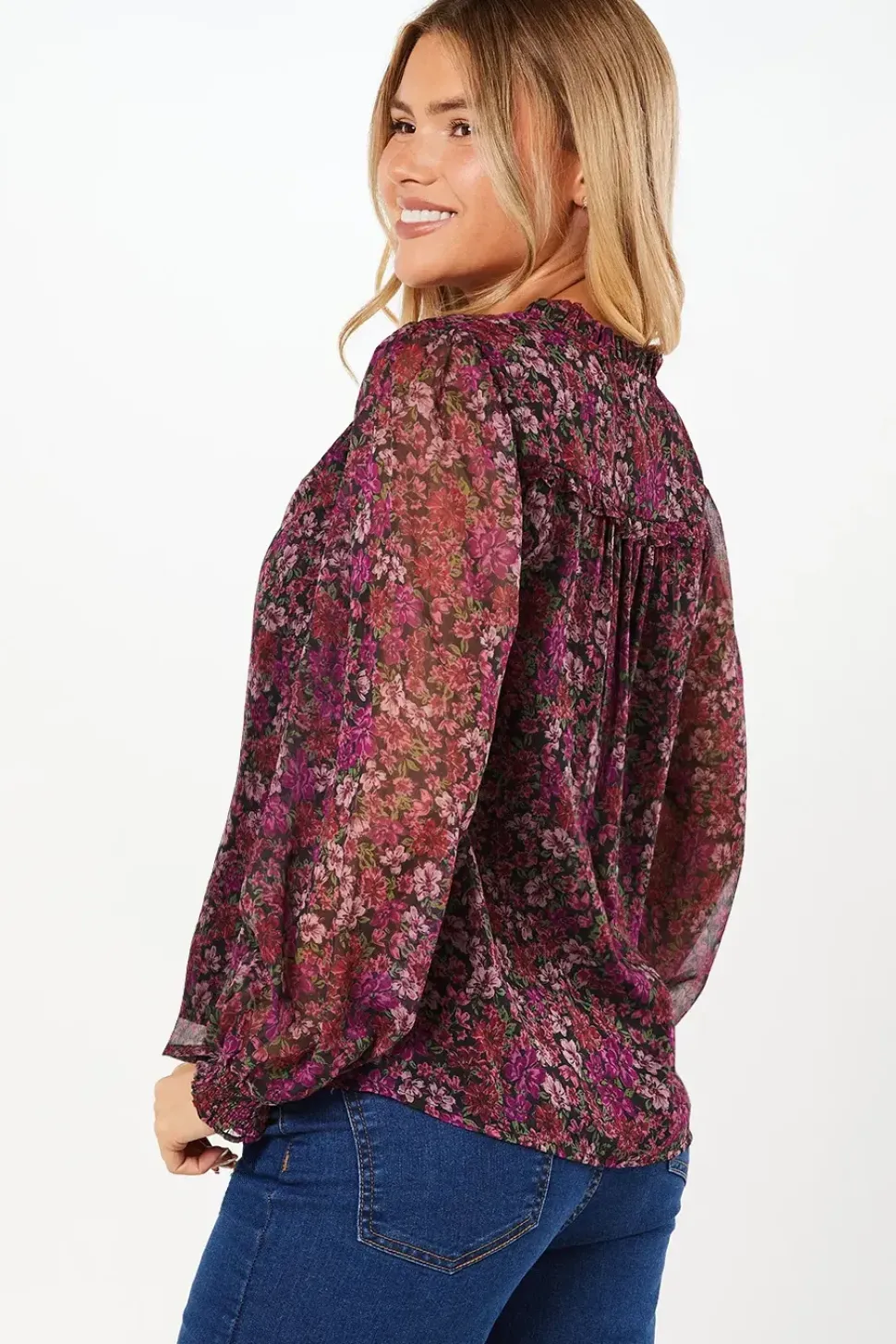 Pink Ditsy Floral Chiffon Ruffle Shoulder Overhead Blouse
