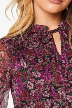 Pink Ditsy Floral Chiffon Ruffle Shoulder Overhead Blouse