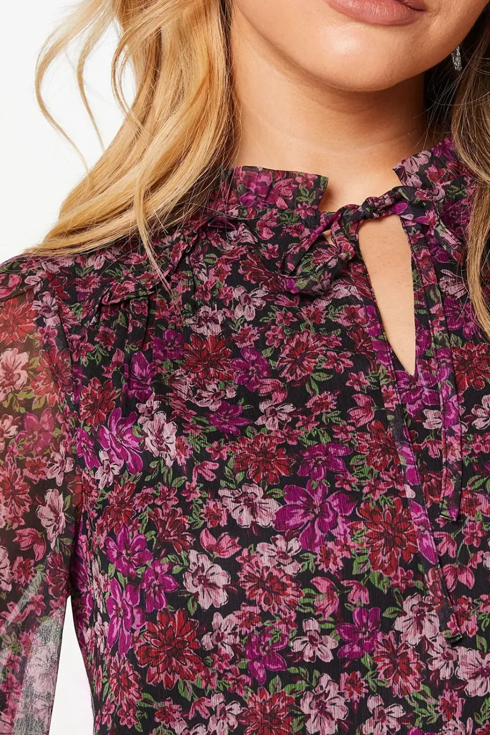 Pink Ditsy Floral Chiffon Ruffle Shoulder Overhead Blouse