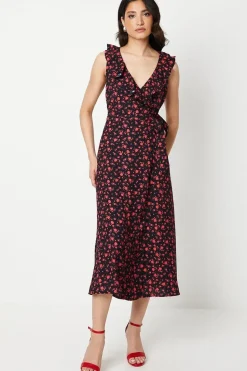 Pink Ditsy Floral Frill Neck Detail Wrap Midi Dress