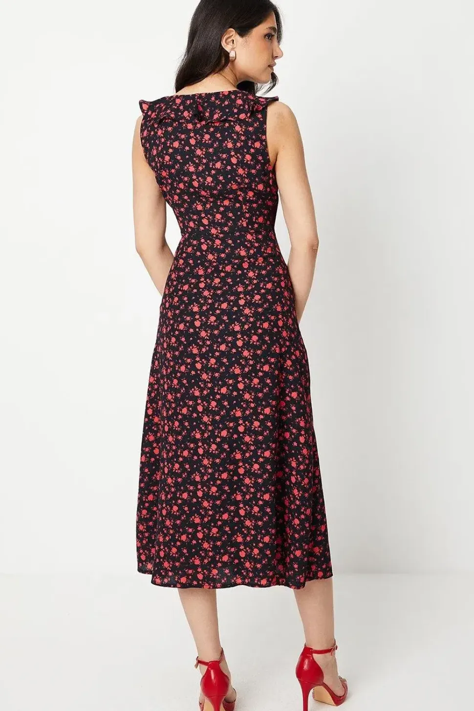 Pink Ditsy Floral Frill Neck Detail Wrap Midi Dress