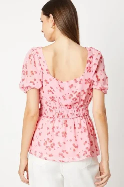 Pink Ditsy Frill Neck Puff Sleeve Peplum Blouse