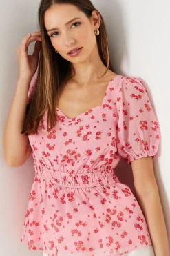 Pink Ditsy Frill Neck Puff Sleeve Peplum Blouse