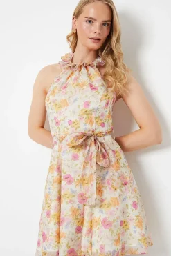 Pink Ditsy Organza Frill Halter Neck Mini Dress
