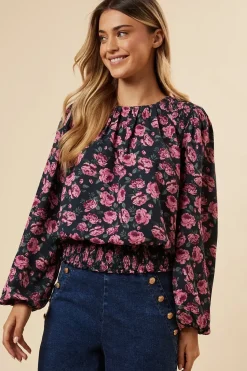 Pink Ditsy Rose Shoulder Detail Shirred Hem Blouse