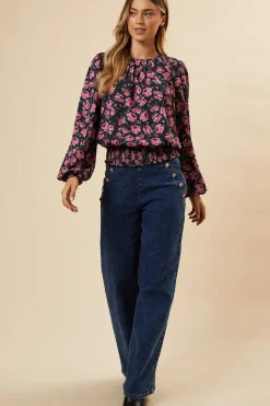 Pink Ditsy Rose Shoulder Detail Shirred Hem Blouse