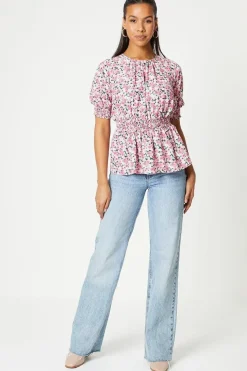 Pink Ditsy Shirred Waist Blouse