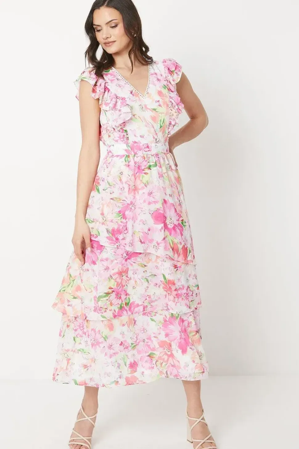 Pink Floral Asymmetric Chiffon Ruffle Midi Dress