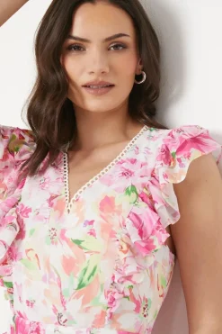 Pink Floral Asymmetric Chiffon Ruffle Midi Dress
