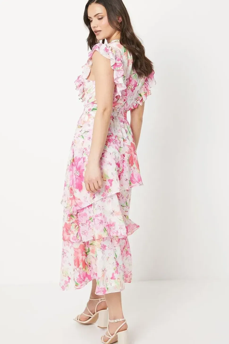 Pink Floral Asymmetric Chiffon Ruffle Midi Dress