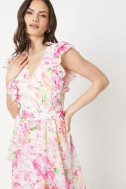 Pink Floral Asymmetric Chiffon Ruffle Midi Dress