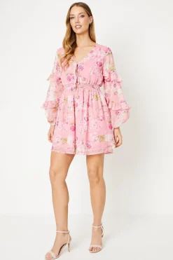 Pink Floral Chiffon Frill Mini Dress