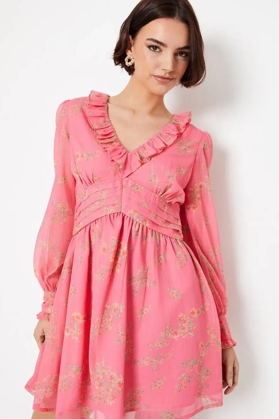 Pink Floral Chiffon Frill Neckline Waisted Mini Dress
