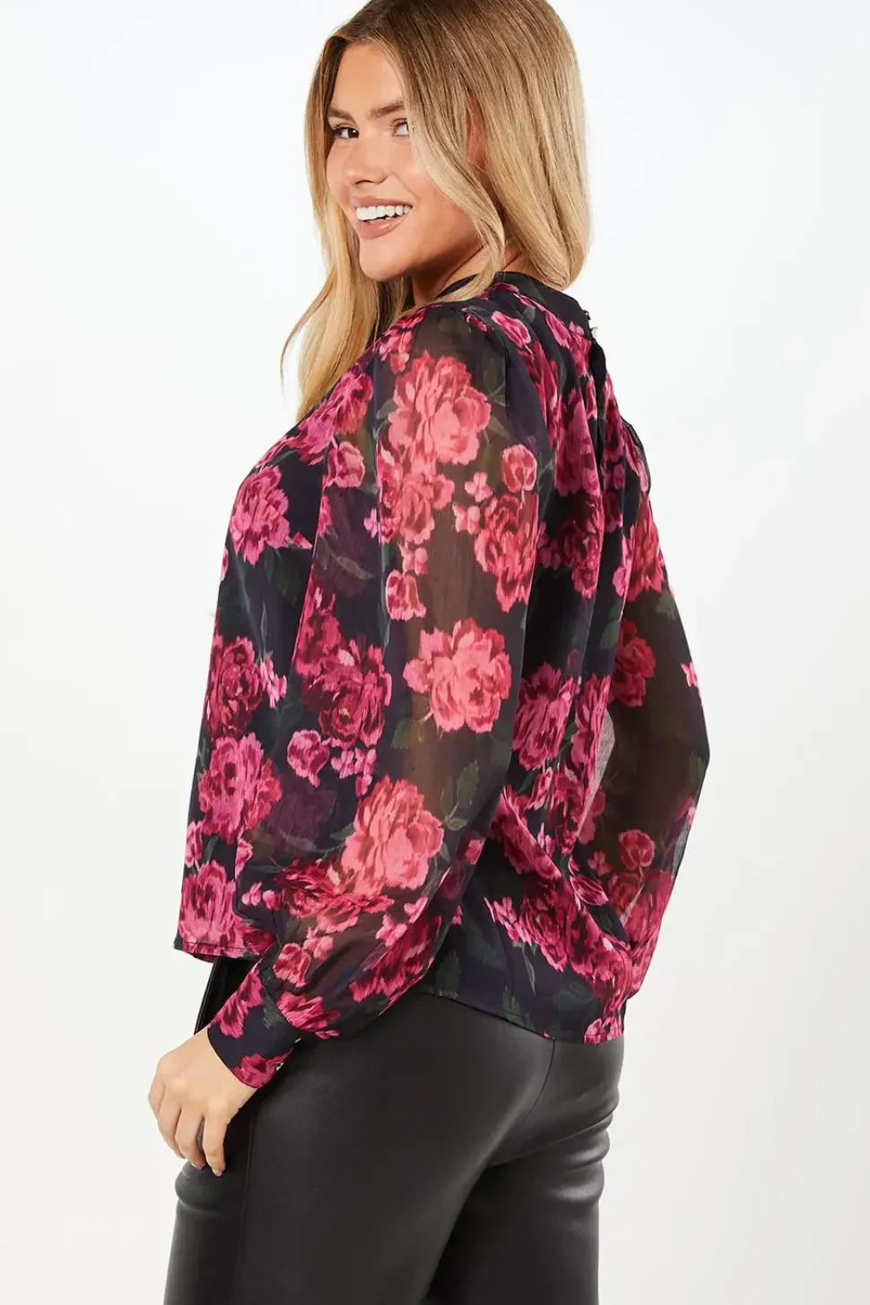Pink Floral Chiffon High Neck Long Sleeve Blouse