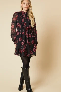 Pink Floral Chiffon Pleated Yoke Mini Dress